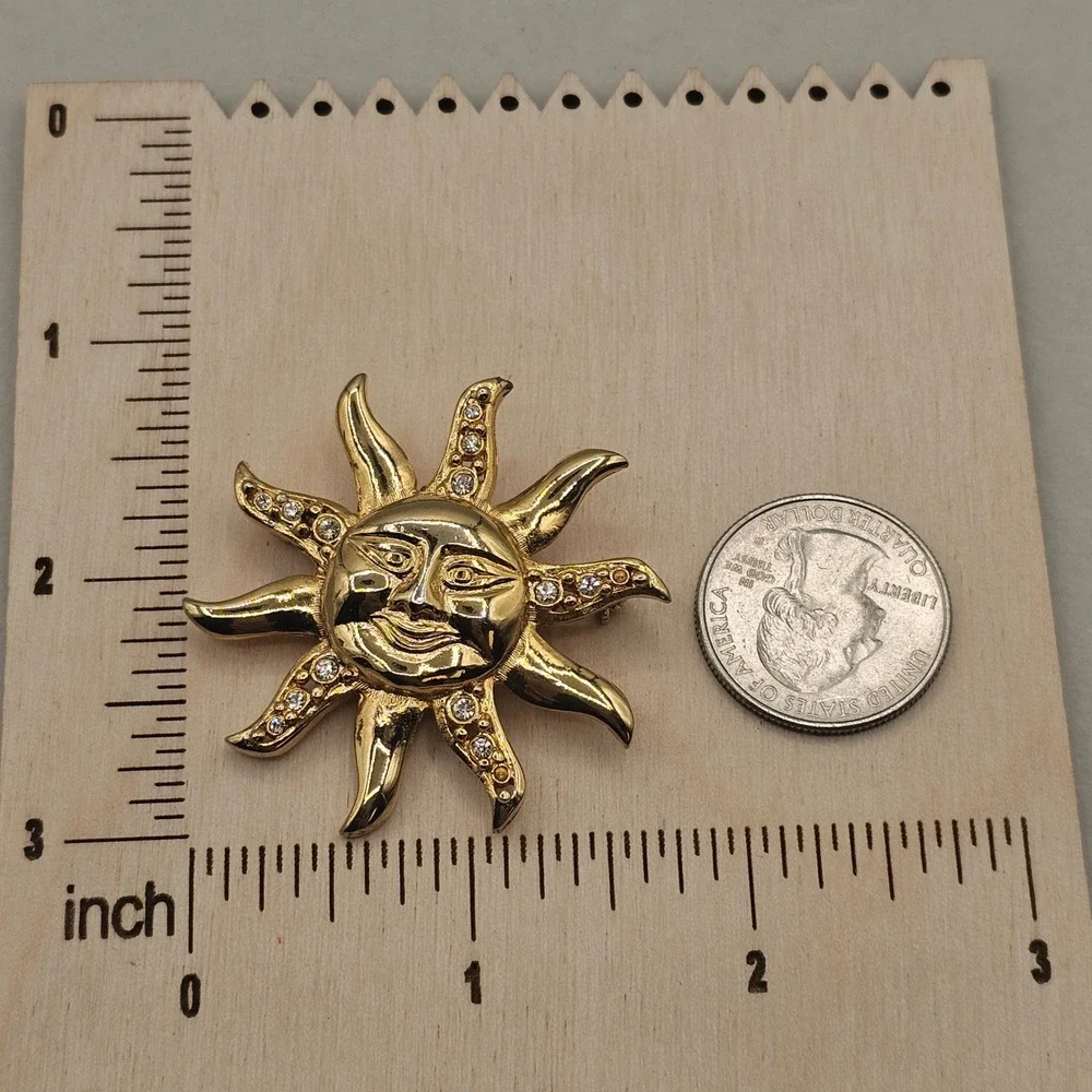 Celestial Sun & Moon Brooch Pin 2pc Gold Silver Tone Blue Enamel Rhinestone